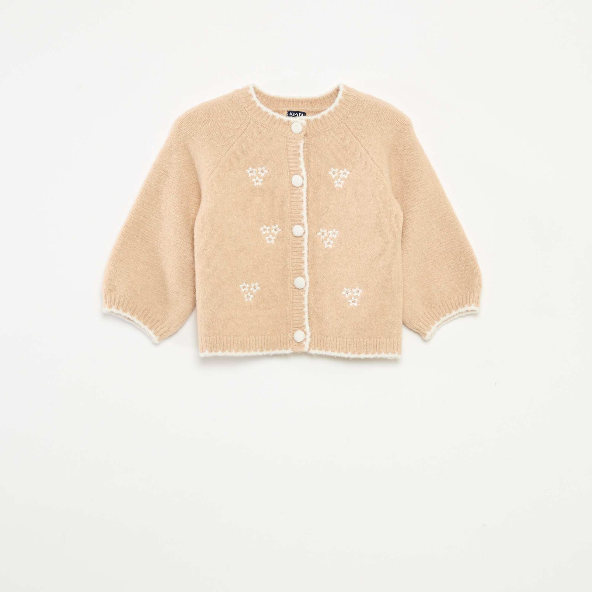 Round Neck Cardigan with Embroidered Flowers WHITE