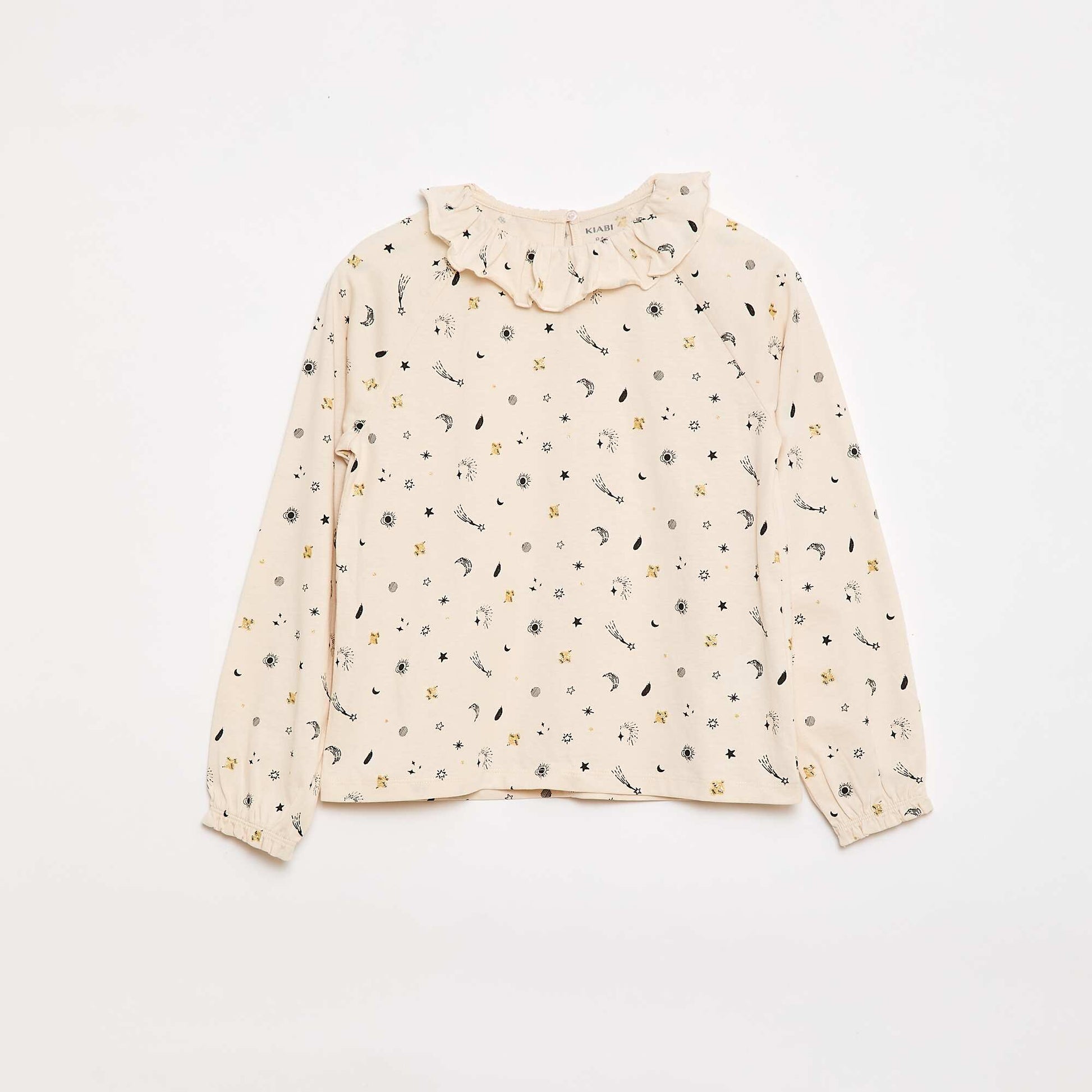 Animated Ruffle Collar Cotton T-Shirt BEIGE