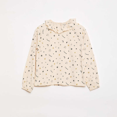 Animated Ruffle Collar Cotton T-Shirt BEIGE