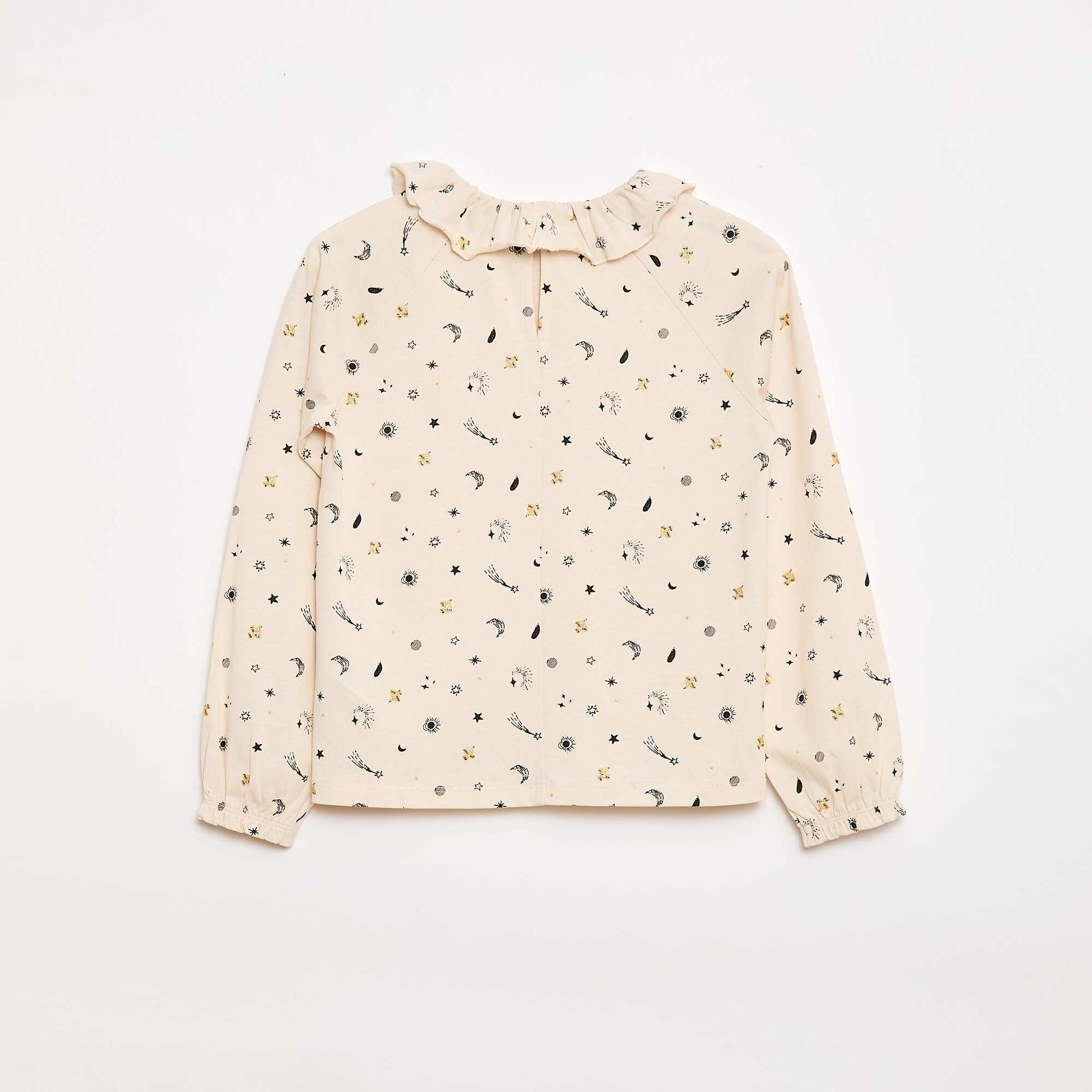 Animated Ruffle Collar Cotton T-Shirt BEIGE