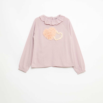Animated Ruffle-Neck Cotton T-shirt PINK