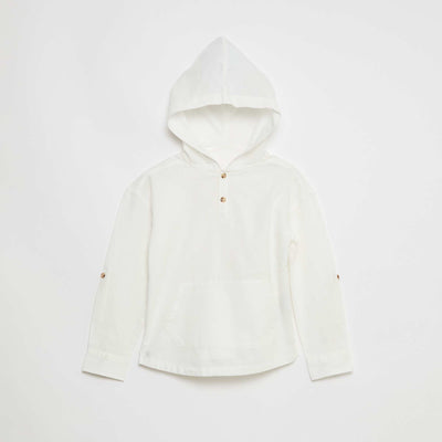 Plain Cotton and Linen Hooded Shirt WHITE
