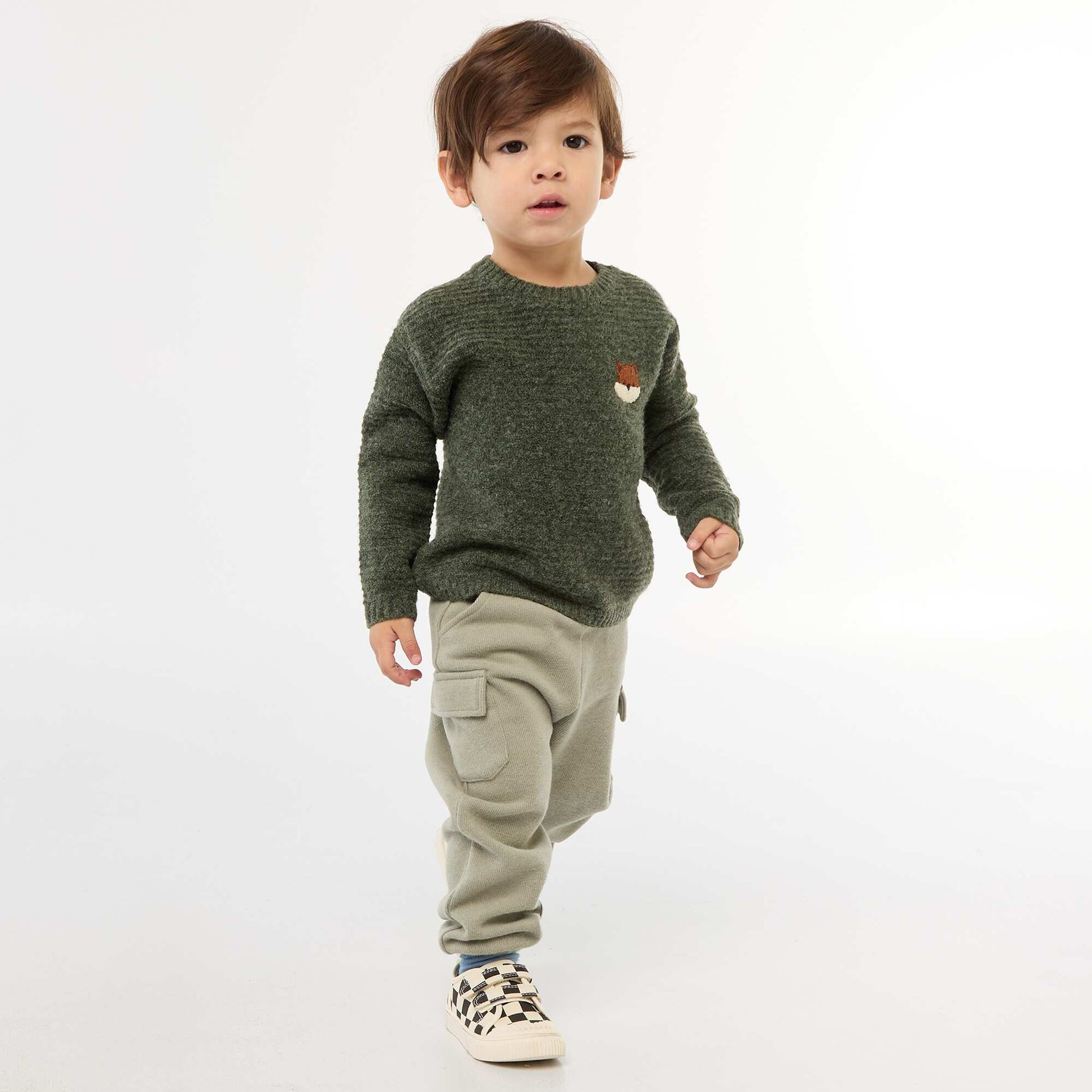 Knit Crew Neck Sweater with Chest Embroidery GREEN