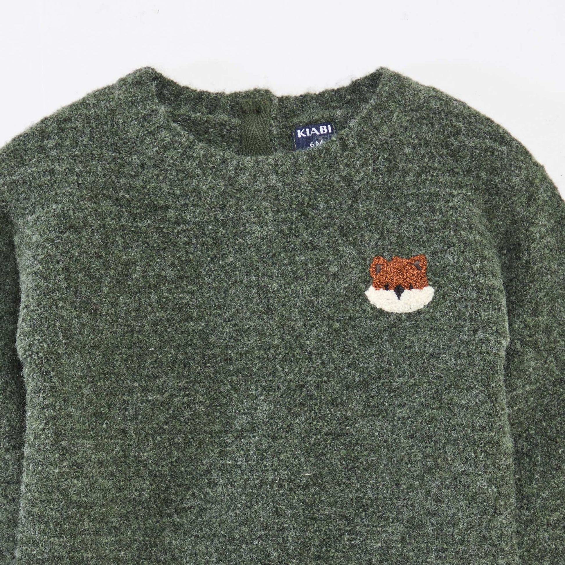 Knit Crew Neck Sweater with Chest Embroidery GREEN