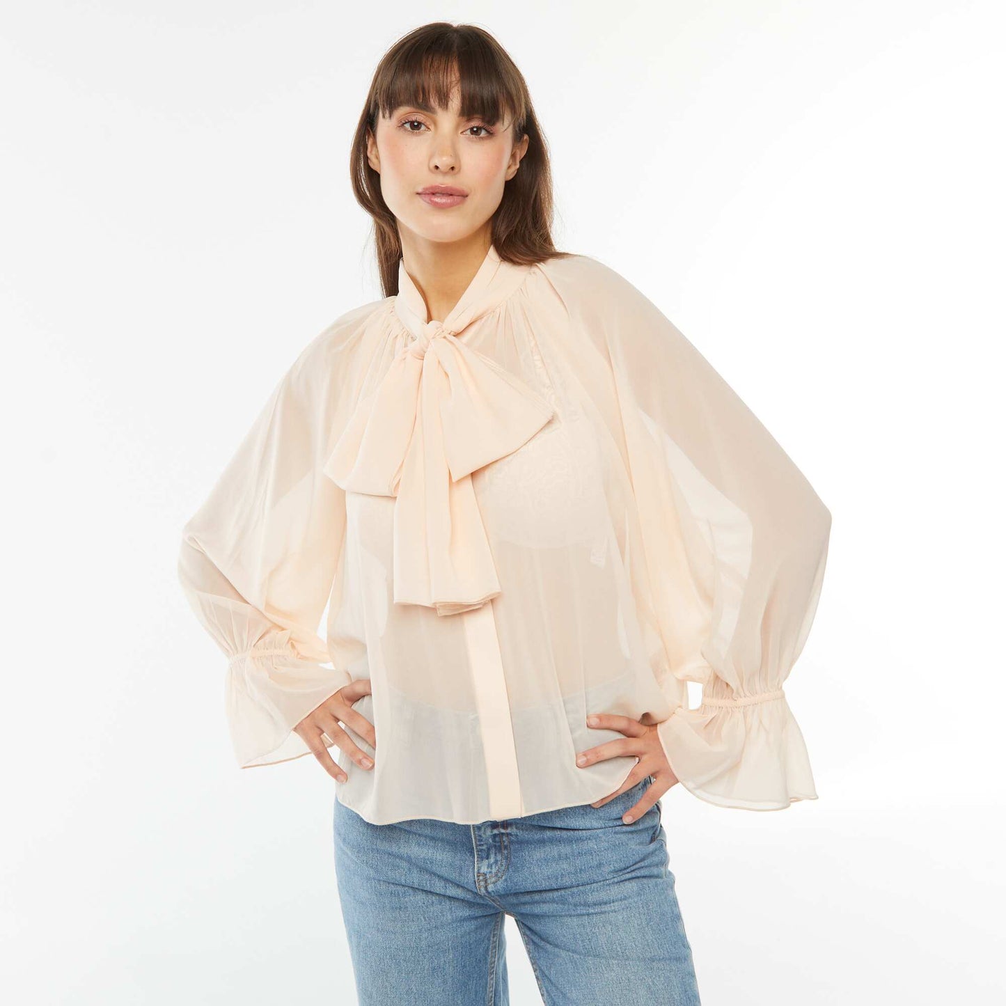 Flowing pussy bow blouse with ruffled sleeves BEIGE