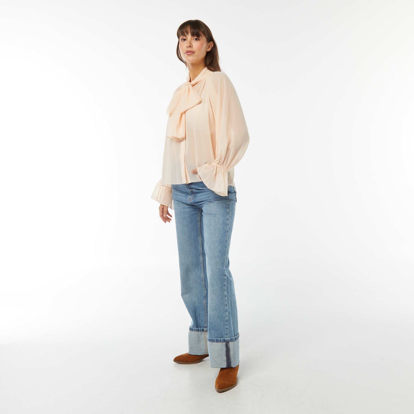 Flowing pussy bow blouse with ruffled sleeves BEIGE