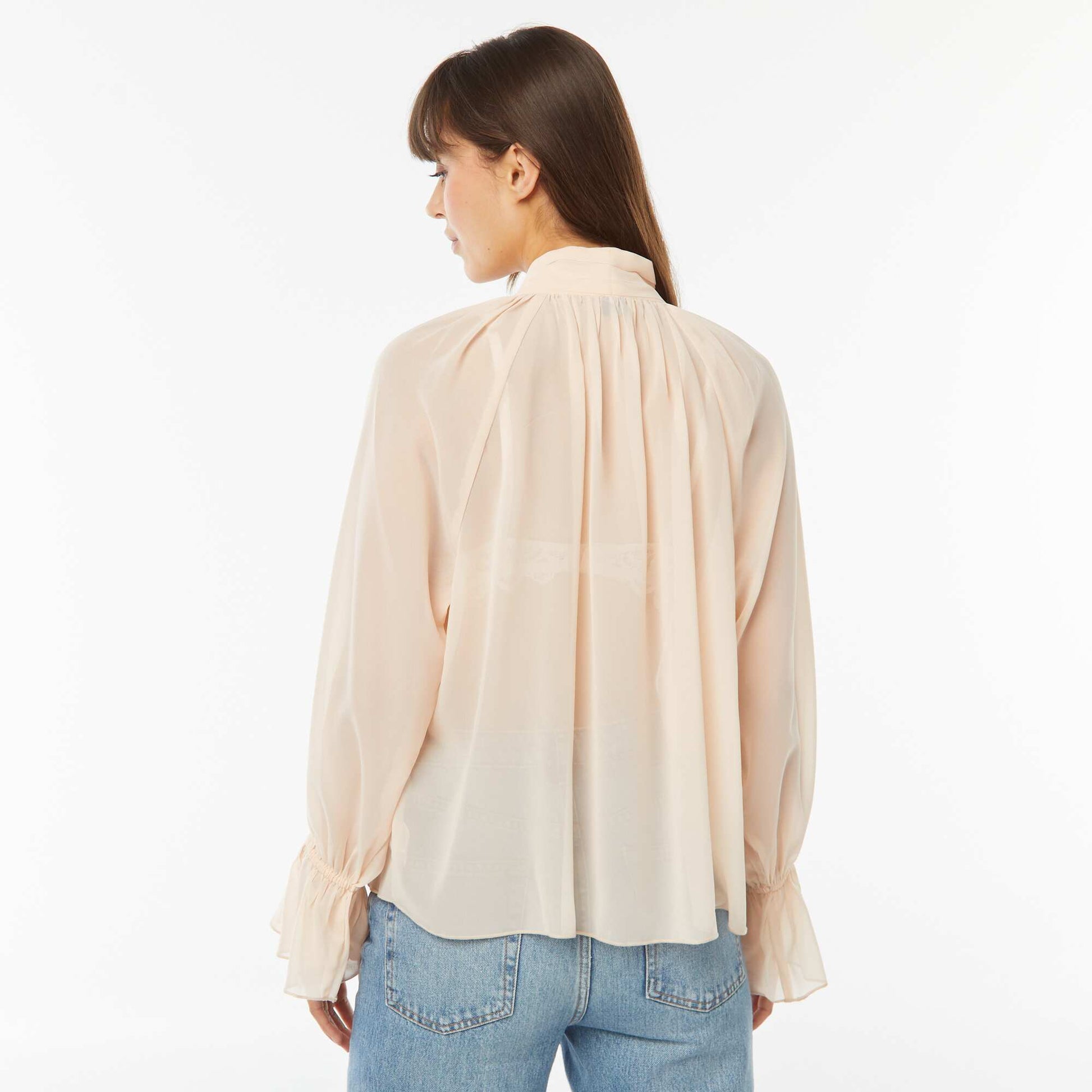 Flowing pussy bow blouse with ruffled sleeves BEIGE