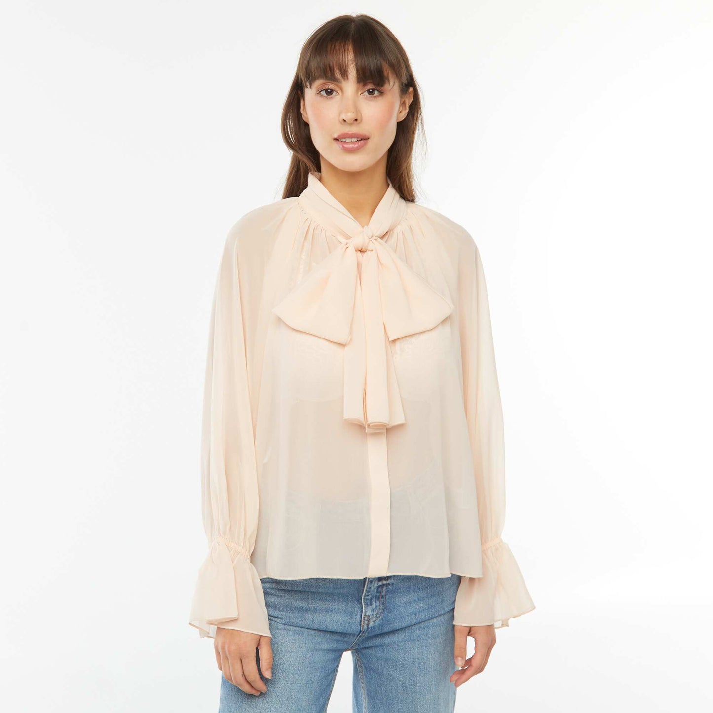 Flowing pussy bow blouse with ruffled sleeves BEIGE