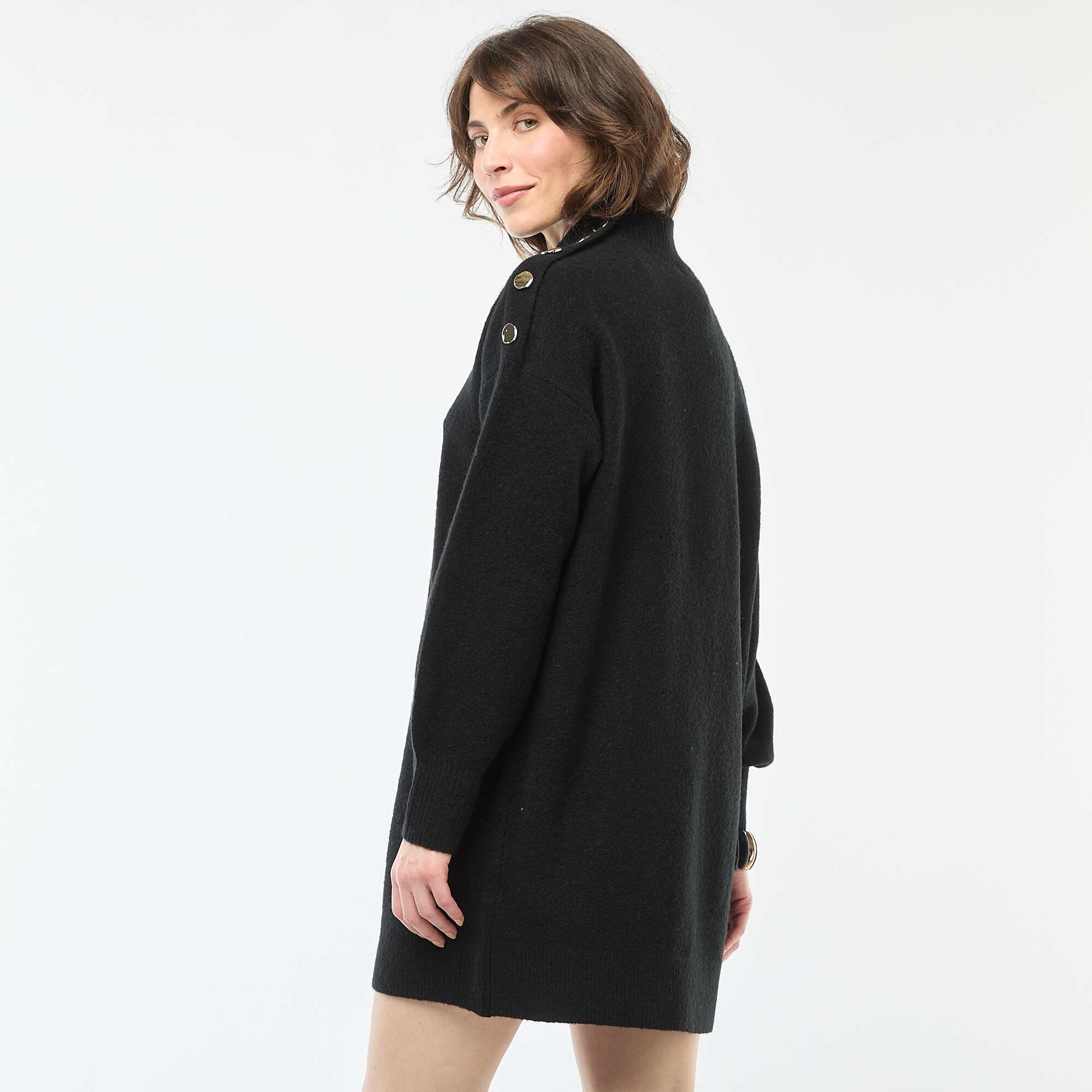 Knit Dress with Decorative Buttons BLACK