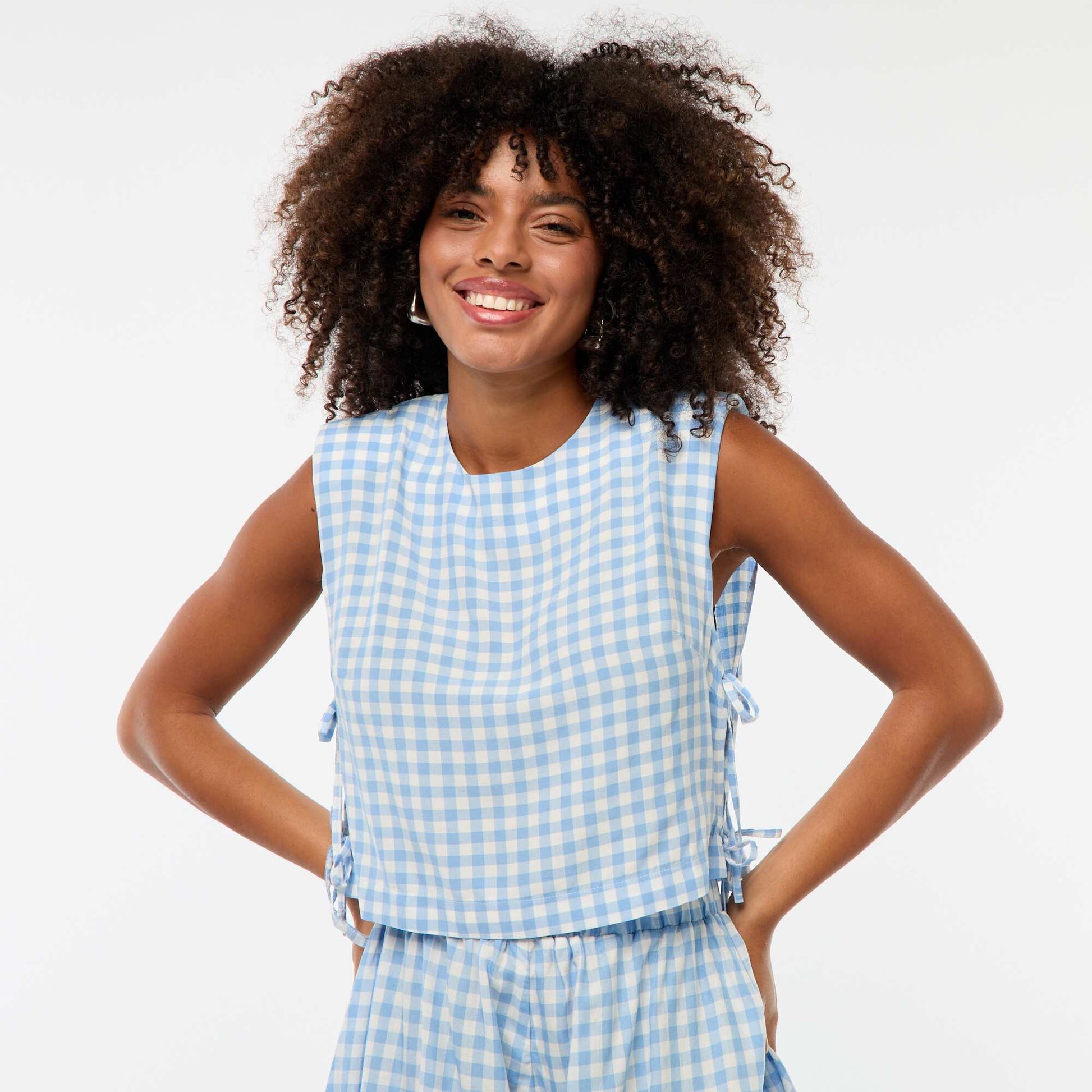 Gingham top with shoulder pads BLUE