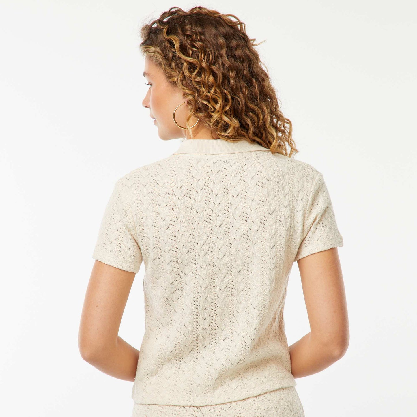 Crochet knit polo collar T-shirt BEIGE