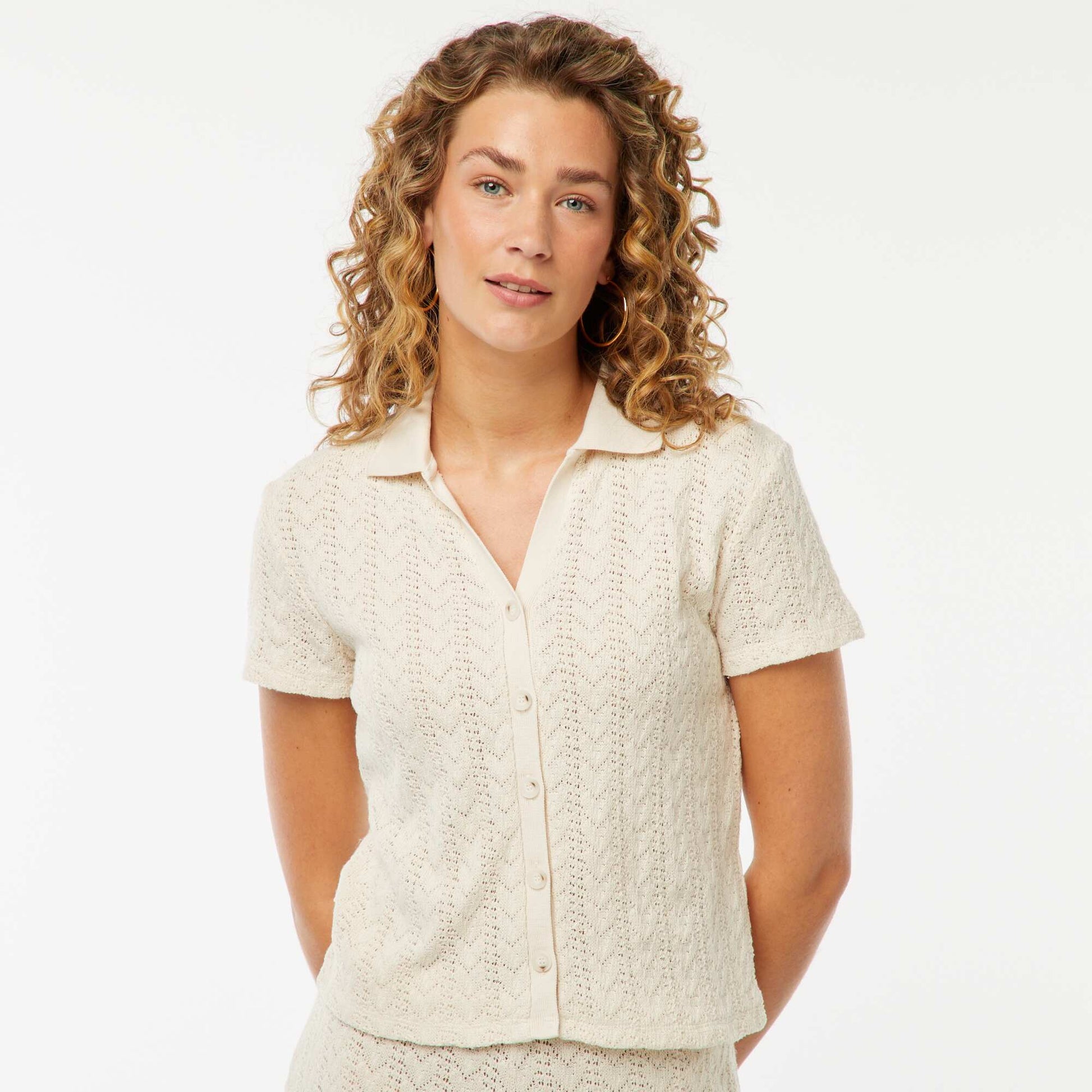 Crochet knit polo collar T-shirt BEIGE