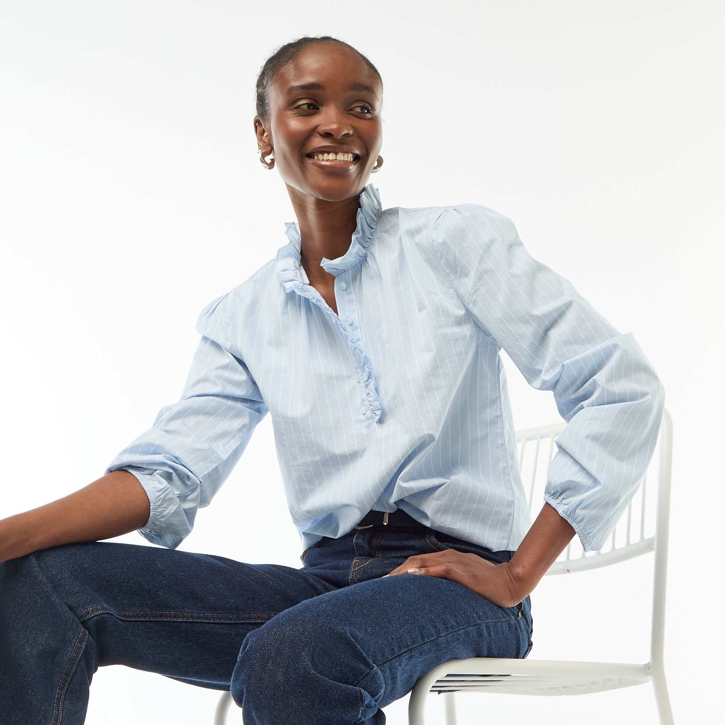 Blouse with Ruffled Collar and Opening BLUE
