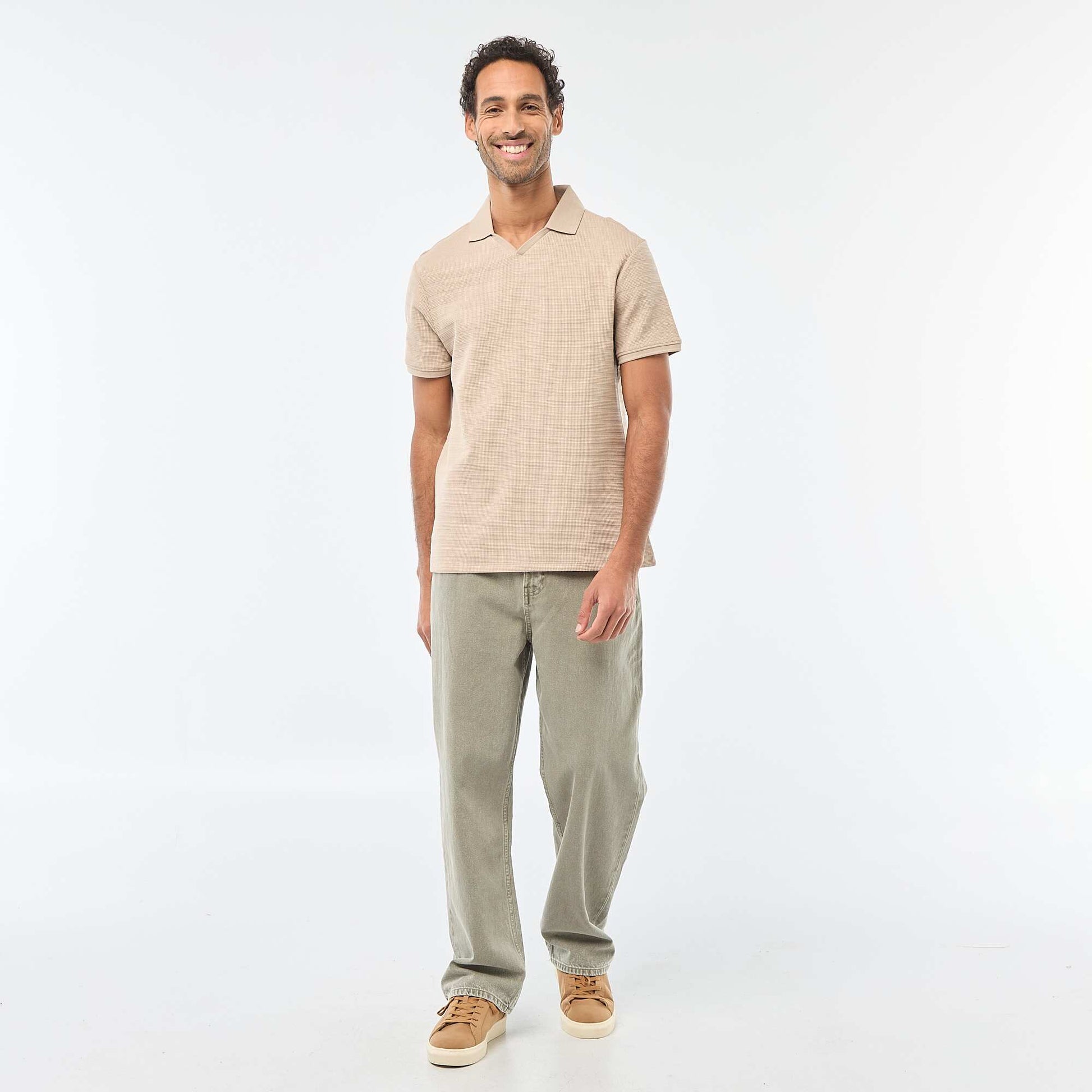 Short-Sleeved Cotton Piqué Polo Shirt BEIGE