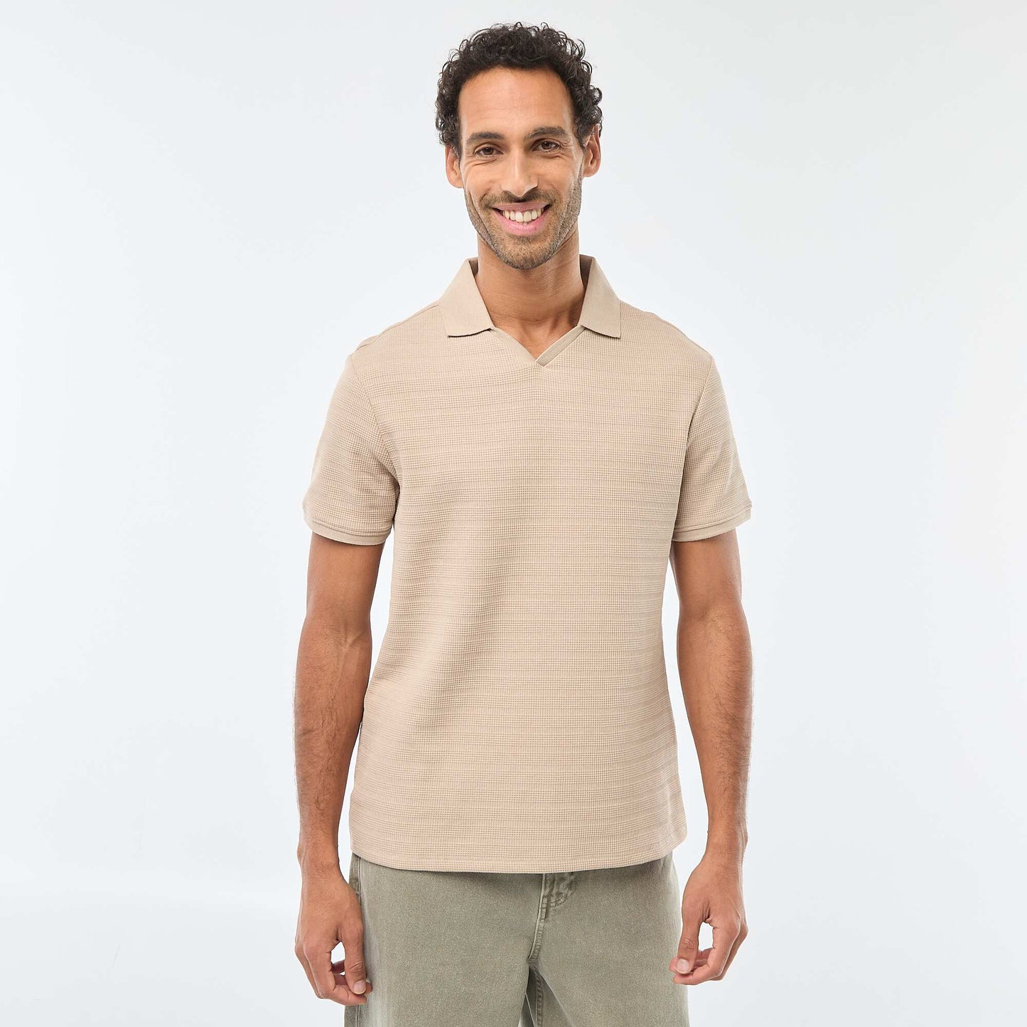Short-Sleeved Cotton Piqué Polo Shirt BEIGE