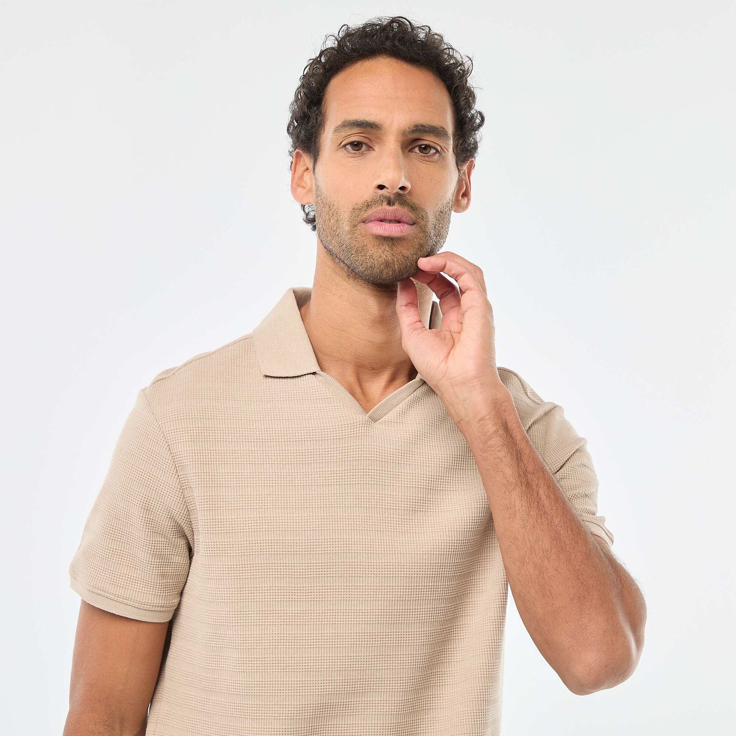 Short-Sleeved Cotton Piqué Polo Shirt BEIGE