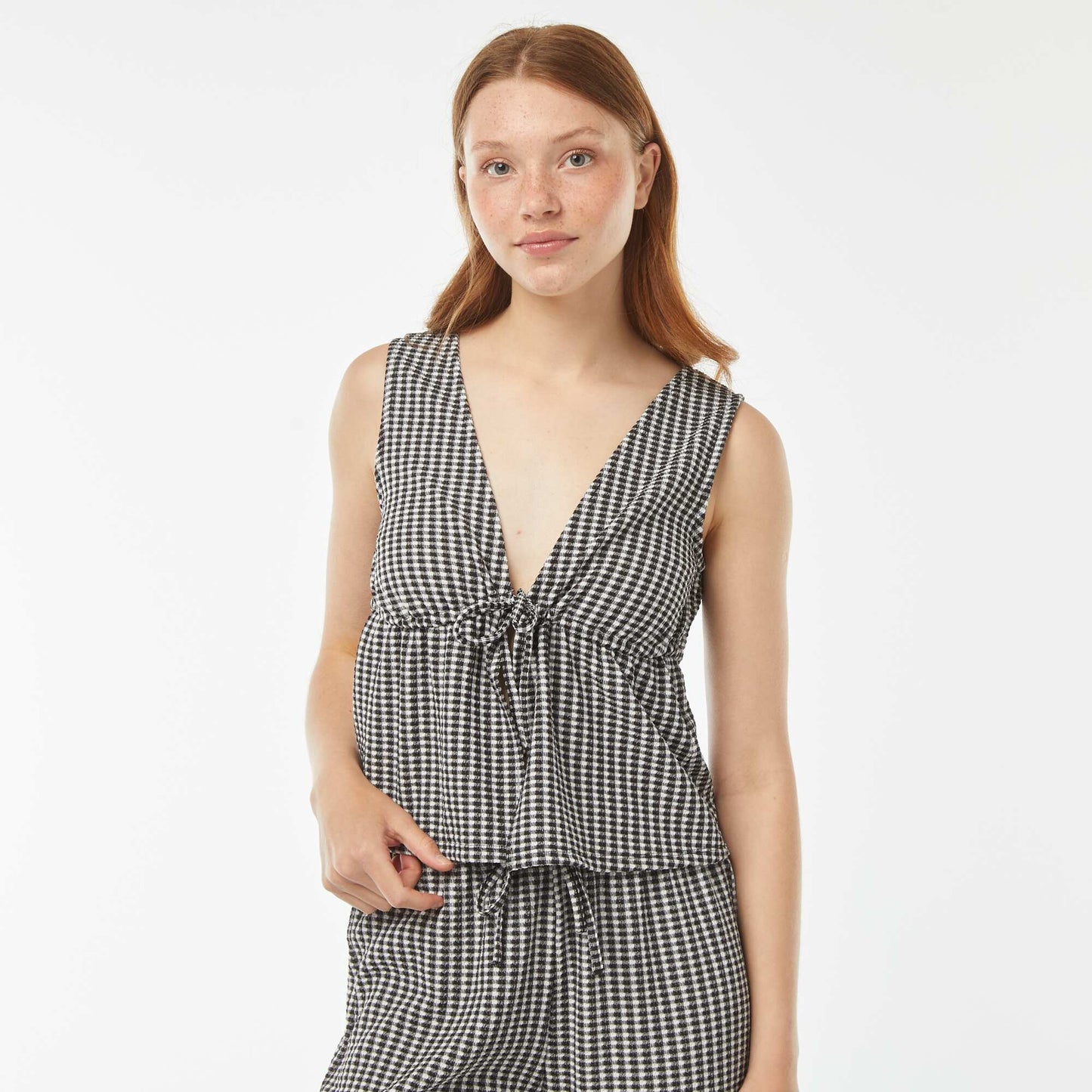 Gingham waffle-knit crop top BLACK