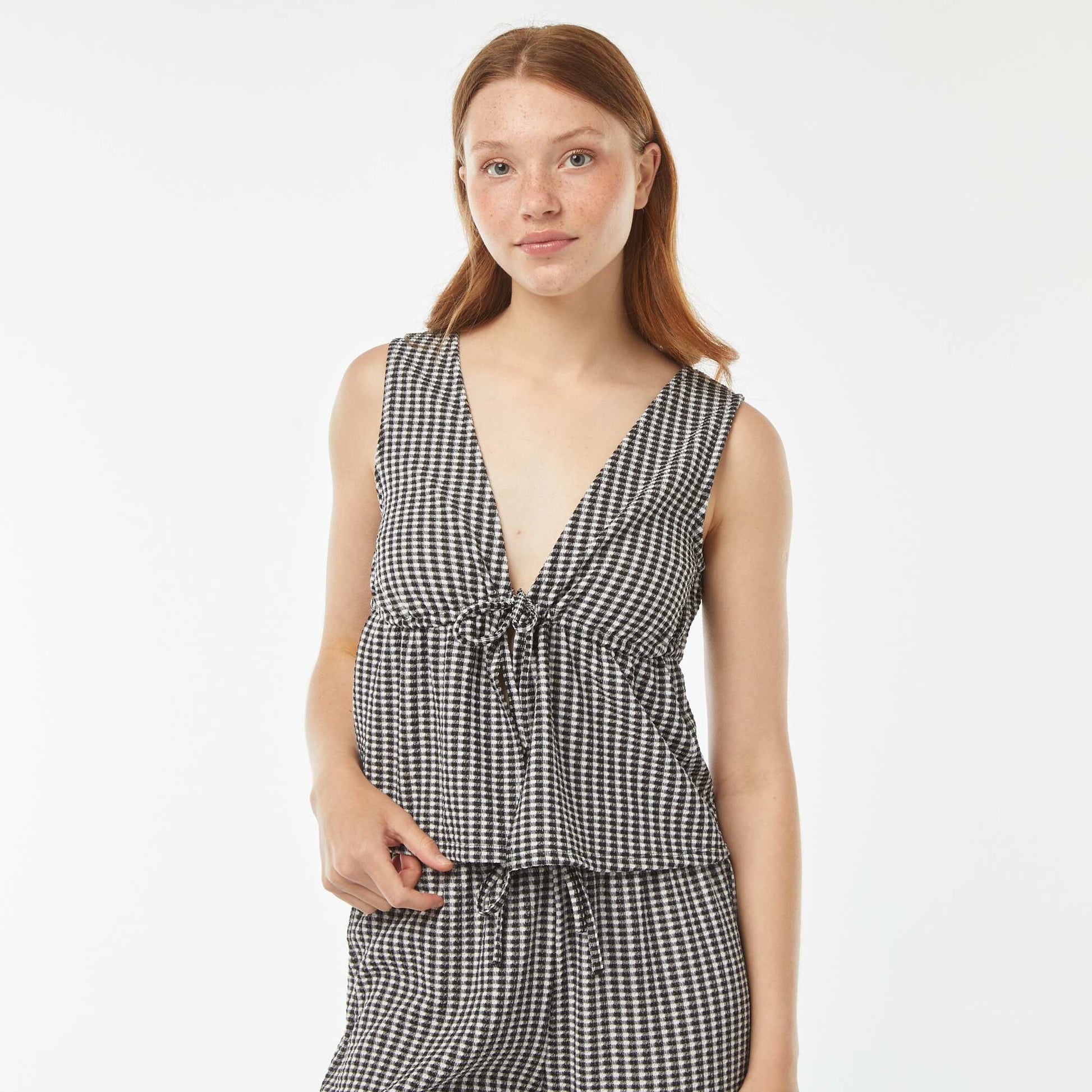 Gingham waffle-knit crop top BLACK