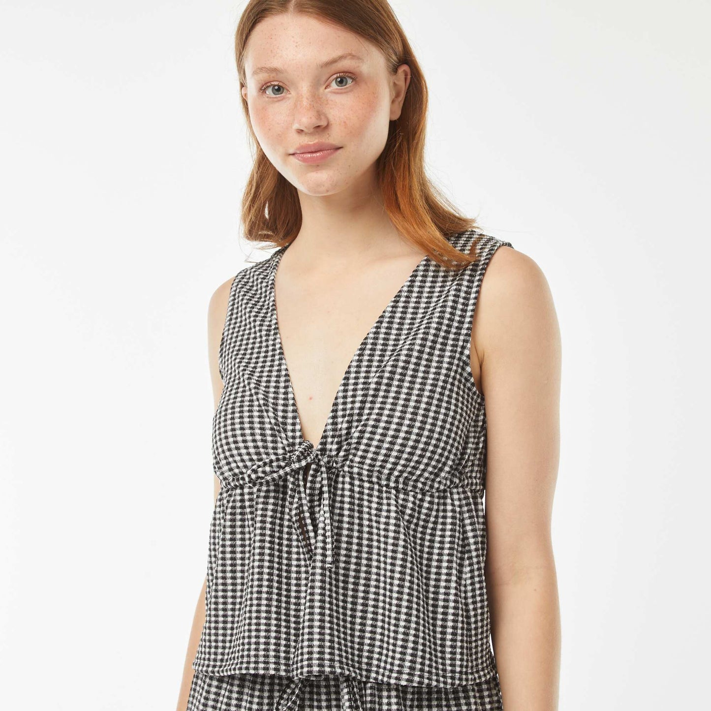 Gingham waffle-knit crop top BLACK