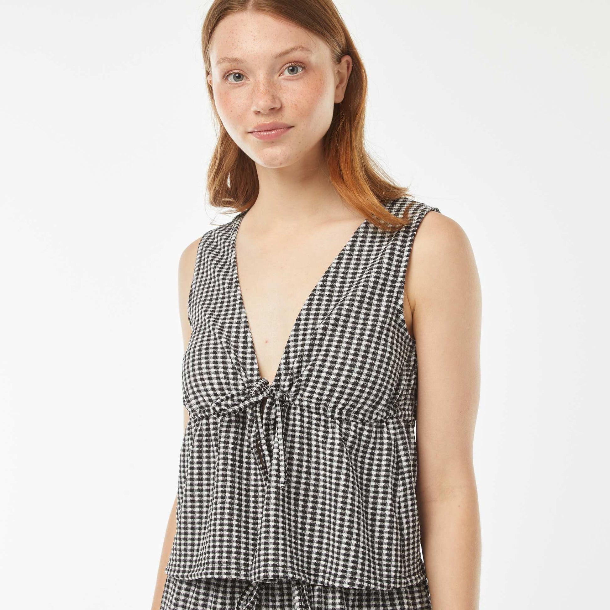 Gingham waffle-knit crop top BLACK