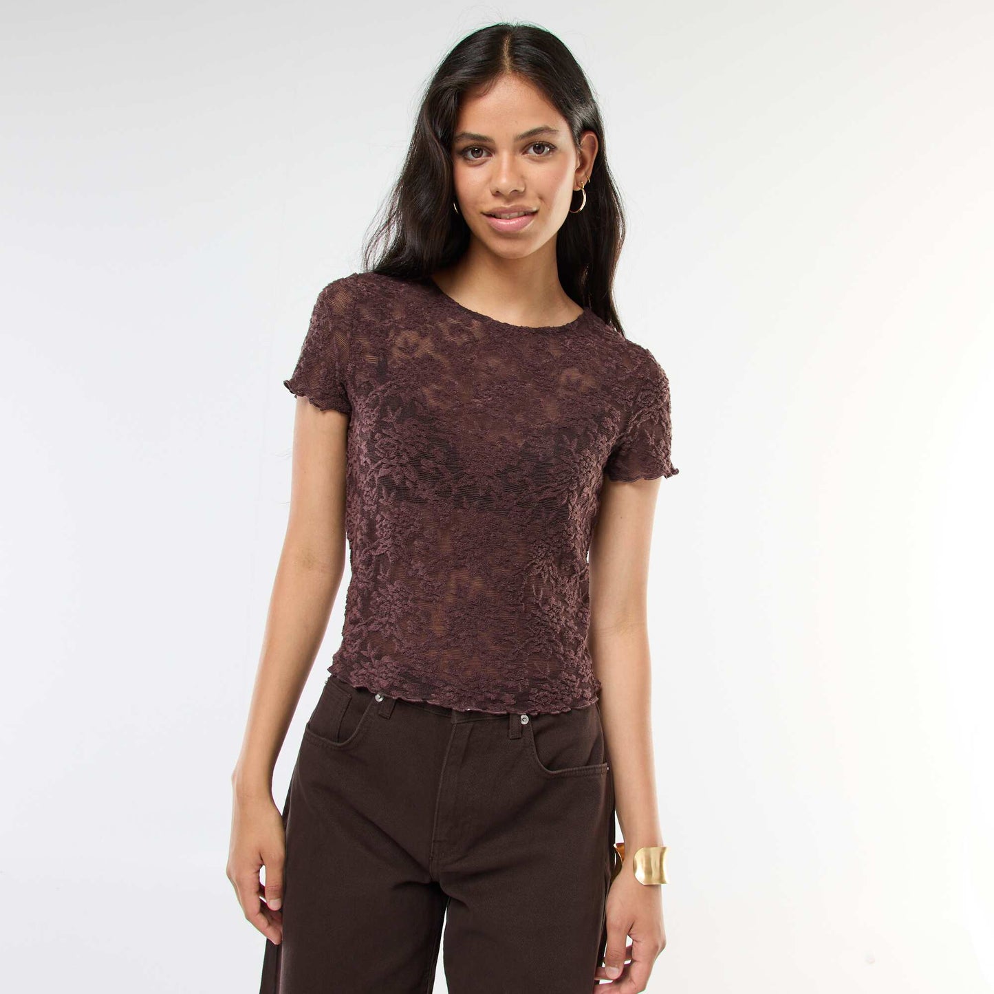 Lace Short-Sleeve T-Shirt BROWN