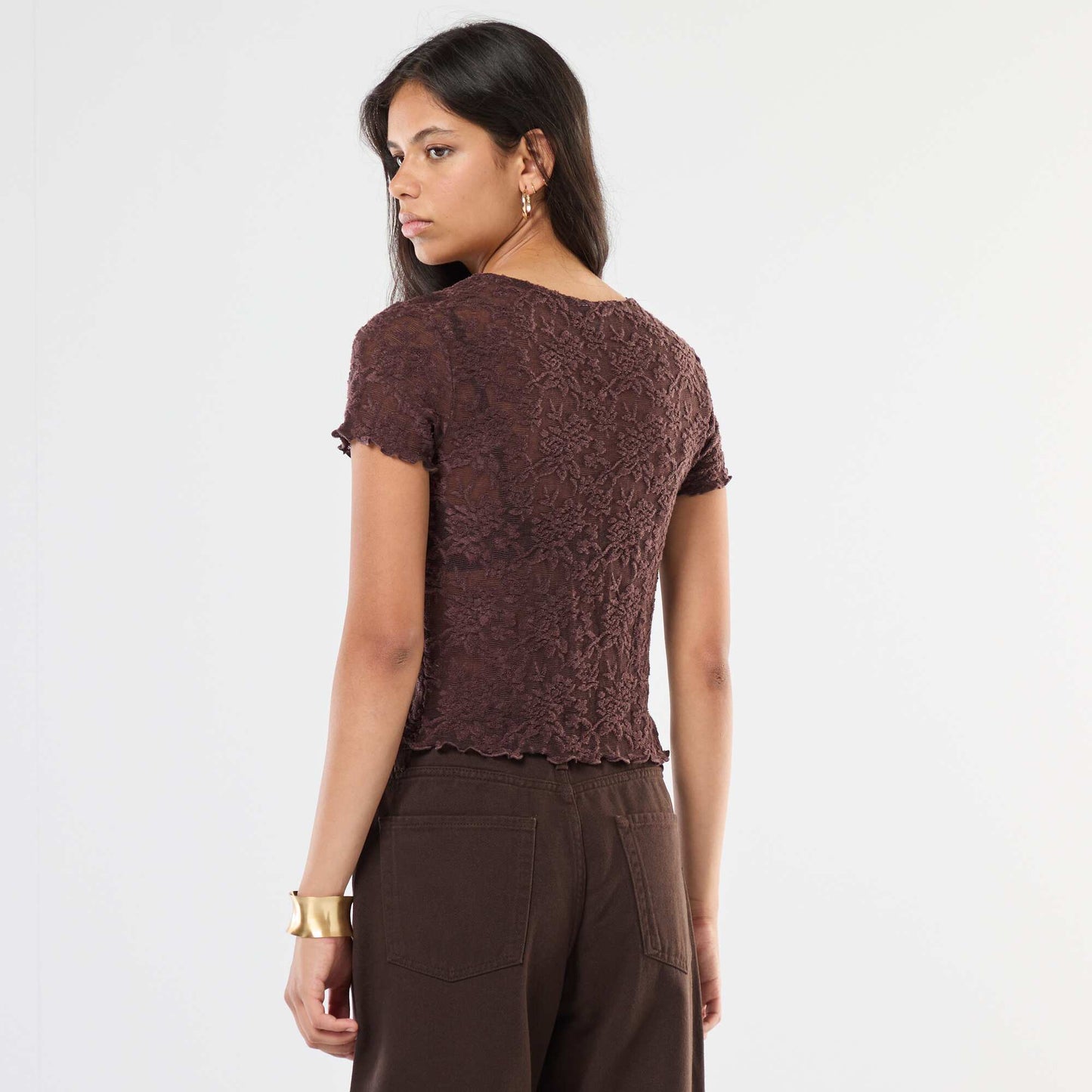 Lace Short-Sleeve T-Shirt BROWN