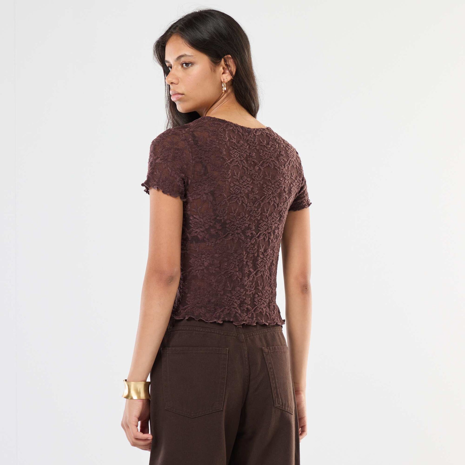 Lace Short-Sleeve T-Shirt BROWN