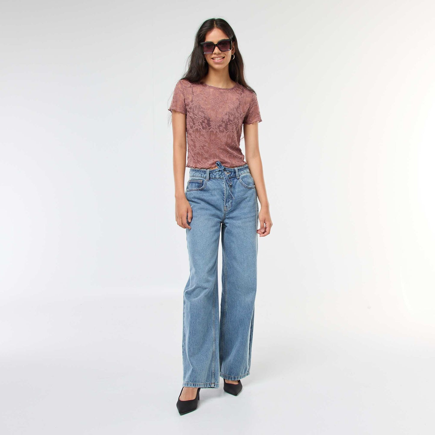 Lace Short-Sleeve T-shirt BROWN