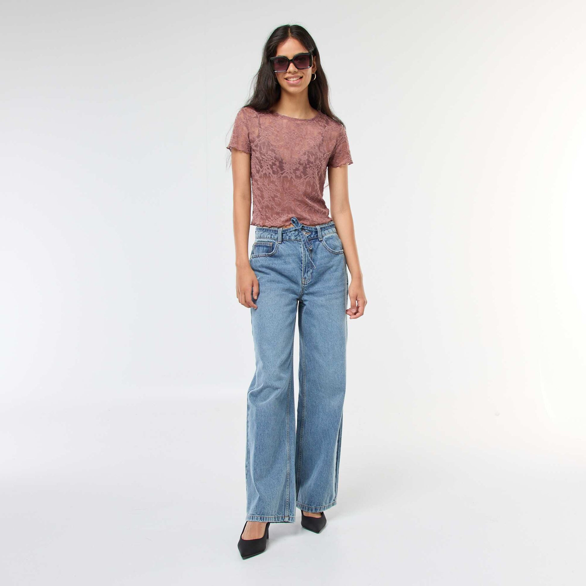 Lace Short-Sleeve T-shirt BROWN