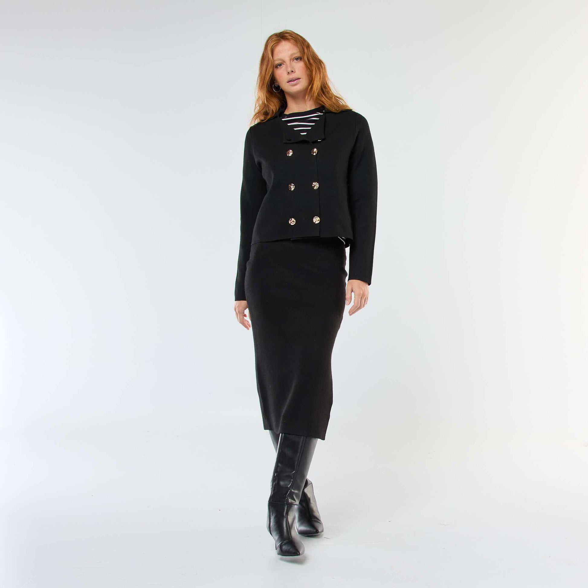 Double-Breasted Ottoman Knit Cardigan BLACK