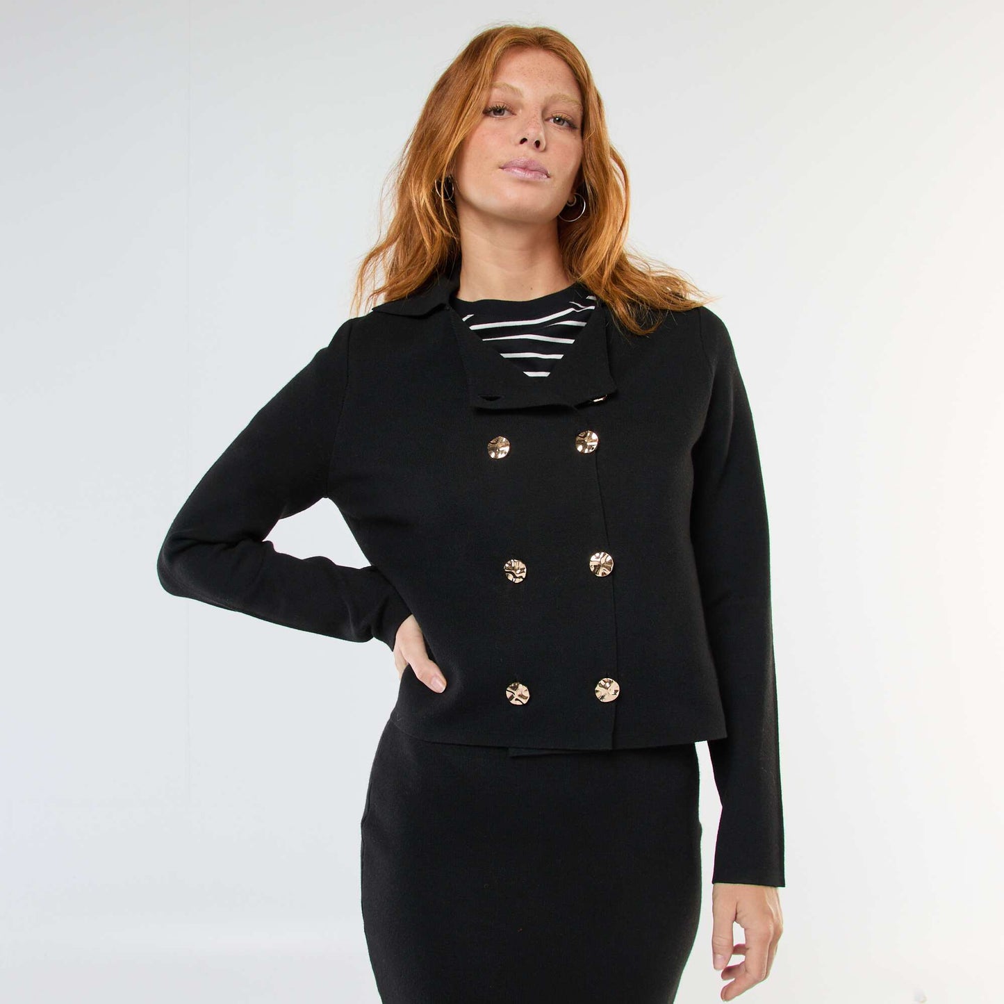 Double-Breasted Ottoman Knit Cardigan BLACK
