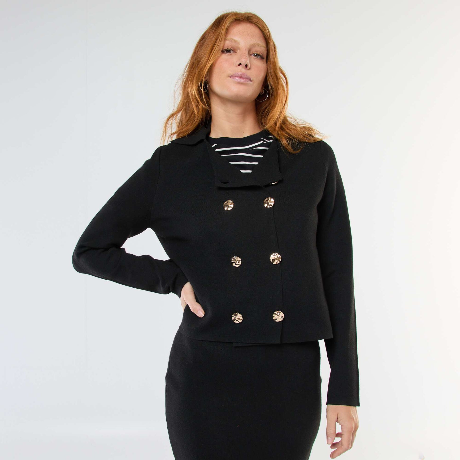 Double-Breasted Ottoman Knit Cardigan BLACK