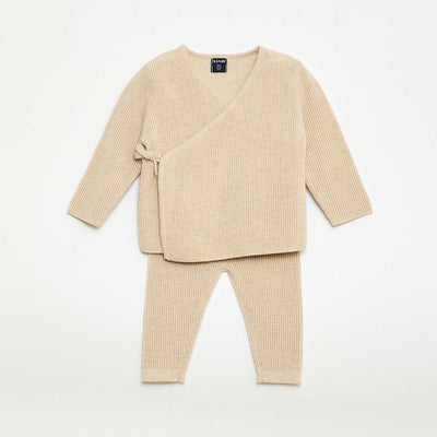 Cardigan Wrap Top + Knit Leggings Set - 2 Piece BEIGE