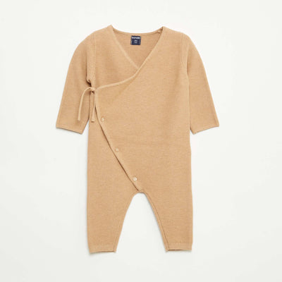 Knit Romper with Wrap Front Opening BEIGE