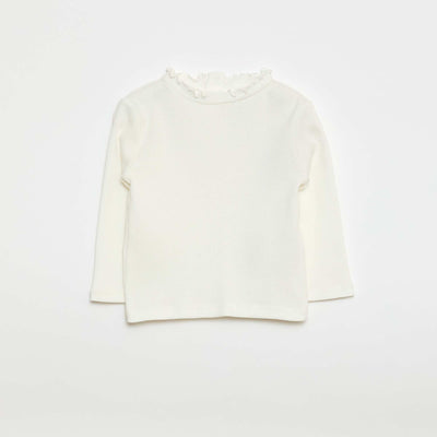 Ribbed T-shirt with Scalloped Neck WHITE