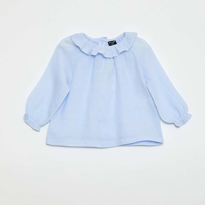 Dobby Blouse with Buttoned Back Opening BLUE