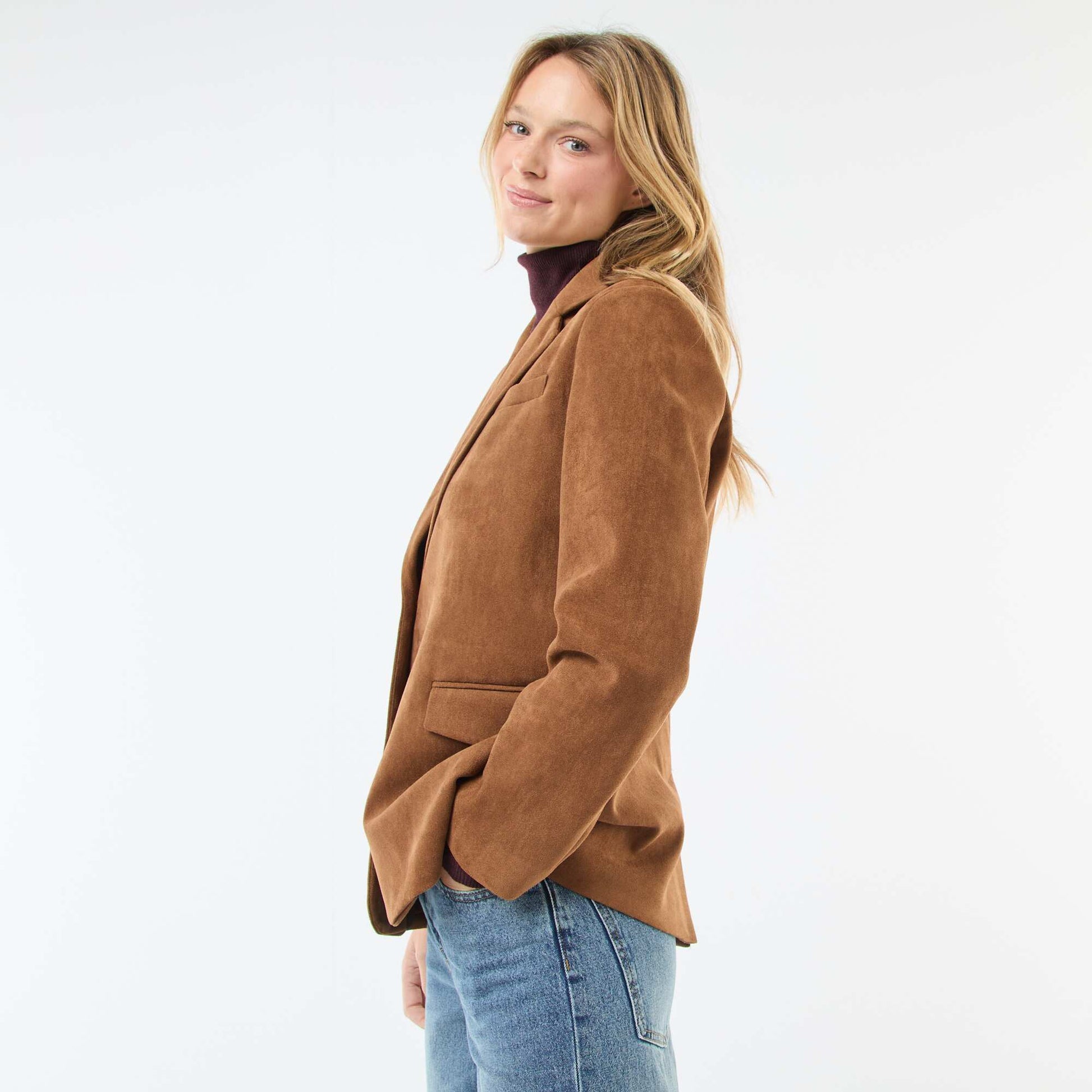 Faux Suede Blazer Jacket BROWN