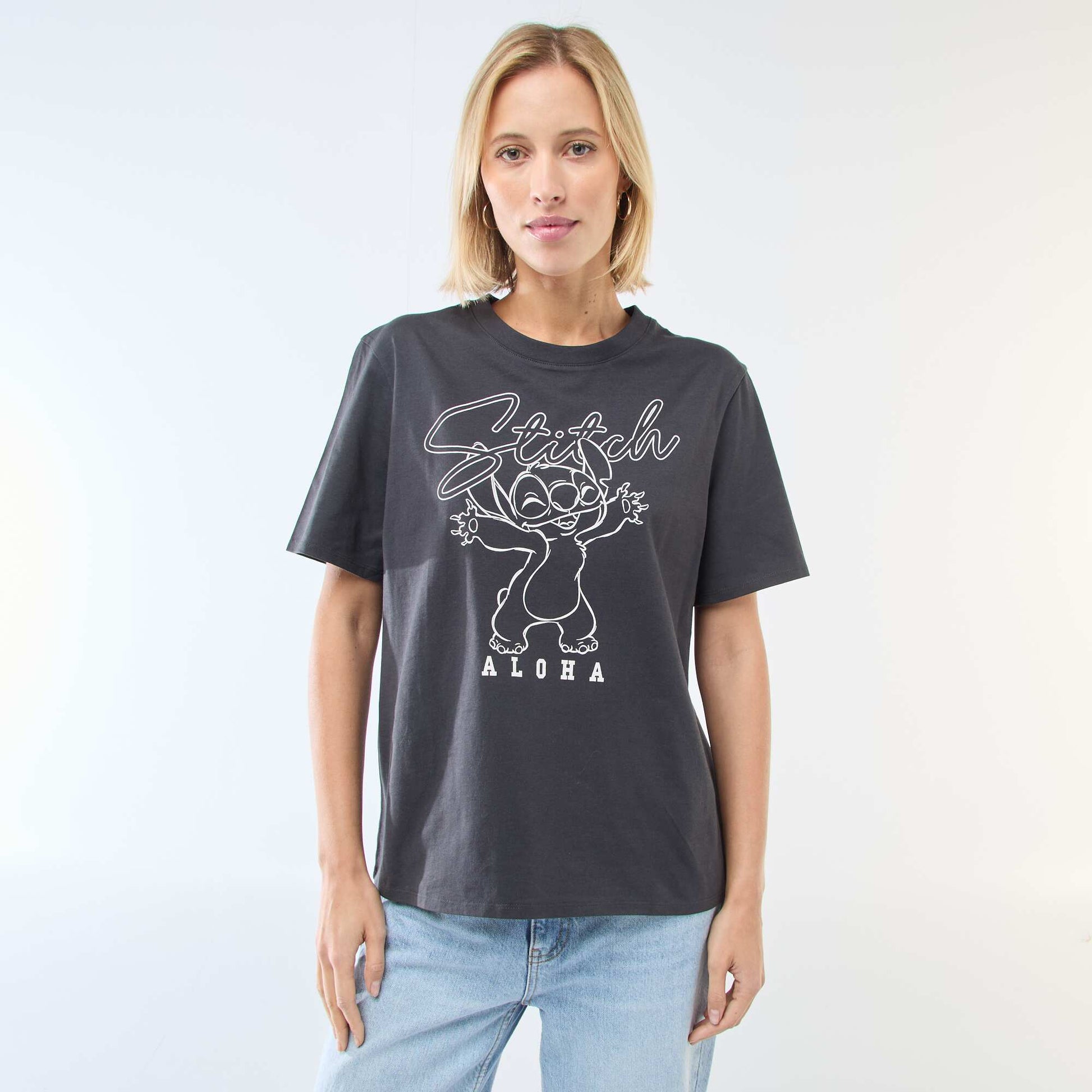 Straight-fit 'Stitch' Print T-shirt BLACK