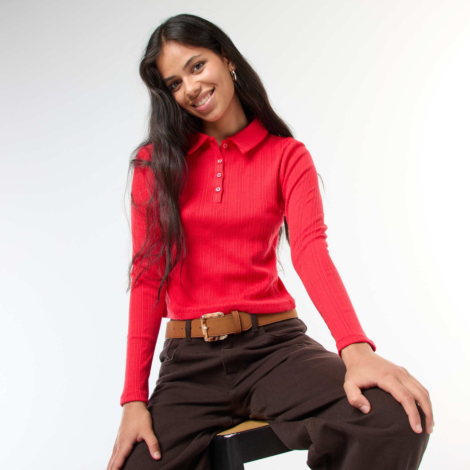 Pointelle Knit Polo Shirt RED