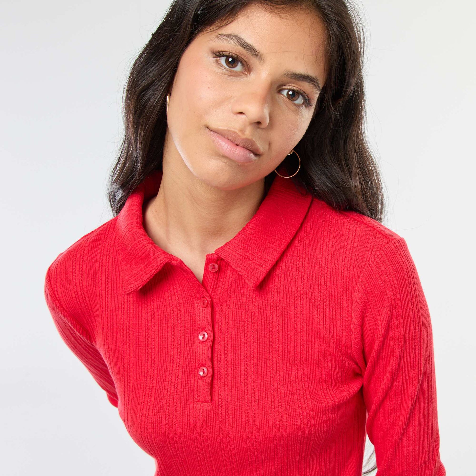 Pointelle Knit Polo Shirt RED