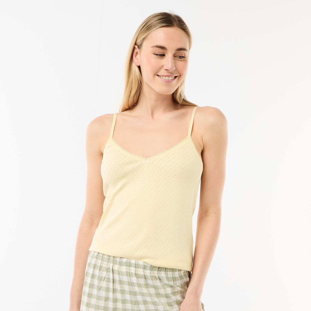 Solid Cotton Tank Top with Adjustable Spaghetti Straps YELLOW