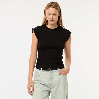 Ribbed T-shirt with flounced sleeves BLACK