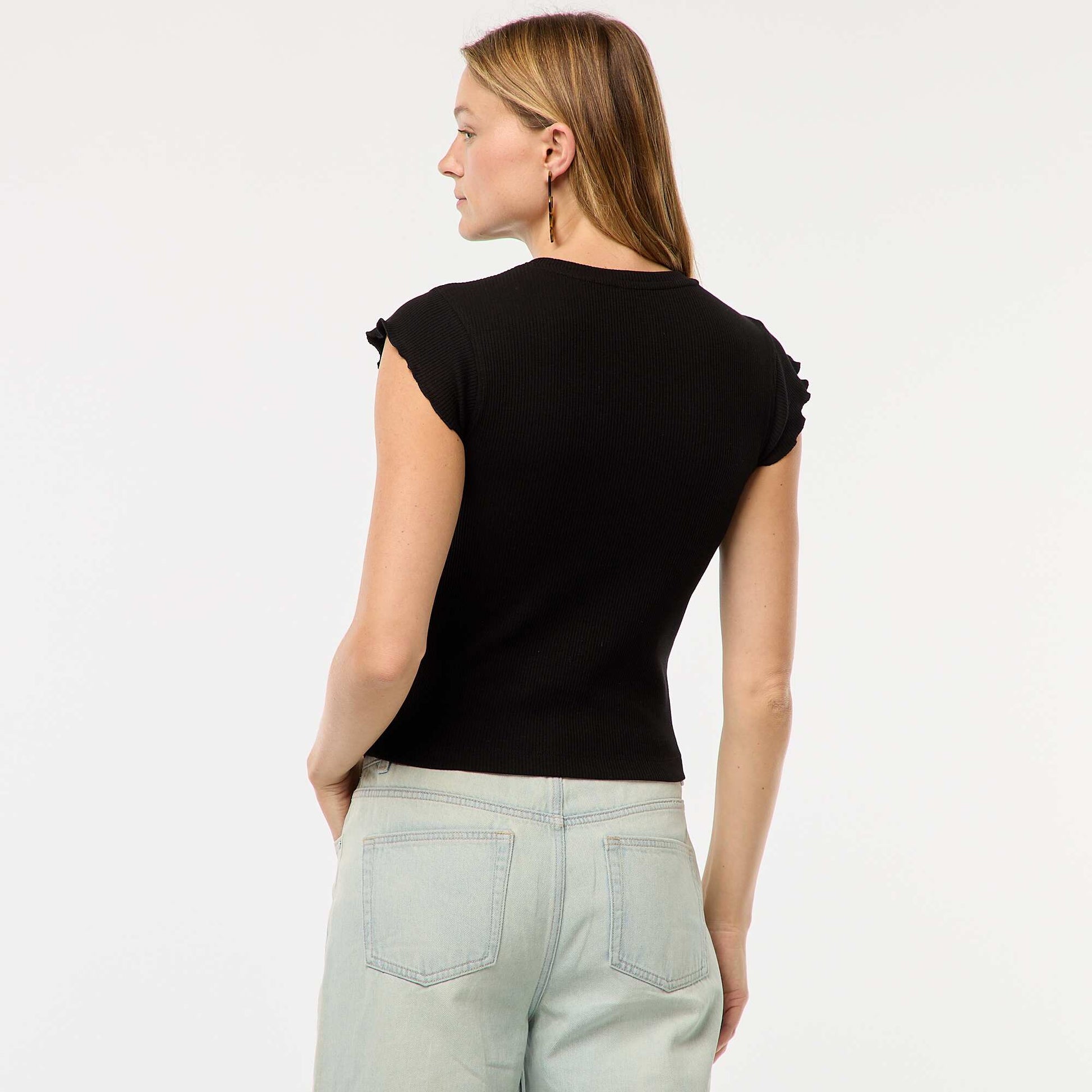 Ribbed T-shirt with flounced sleeves BLACK