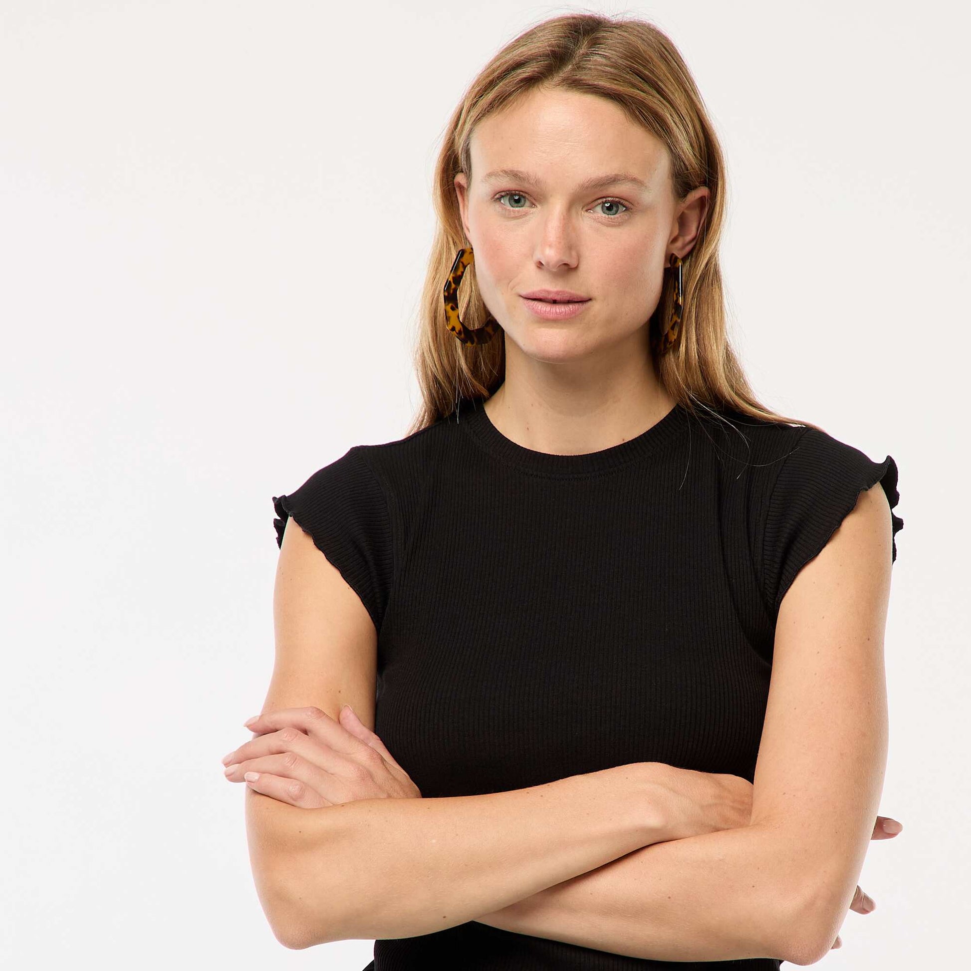 Ribbed T-shirt with flounced sleeves BLACK