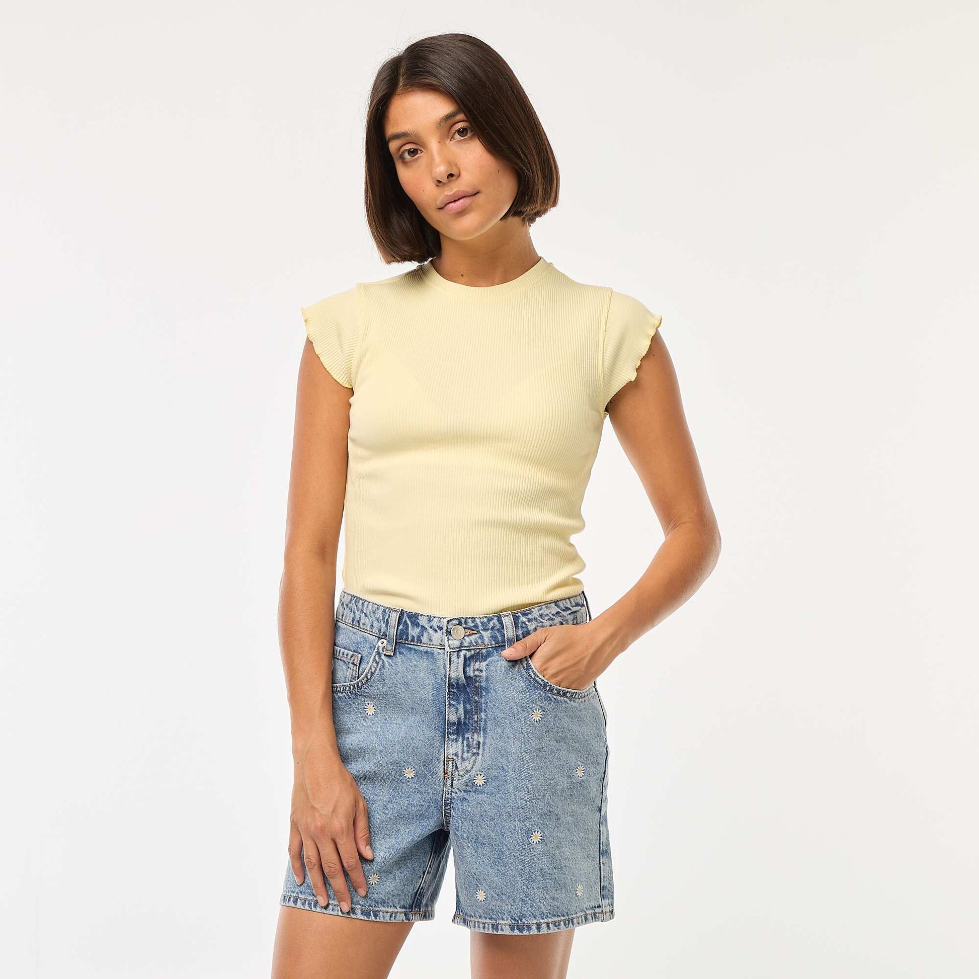 Ribbed T-shirt with flounced sleeves YELLOW