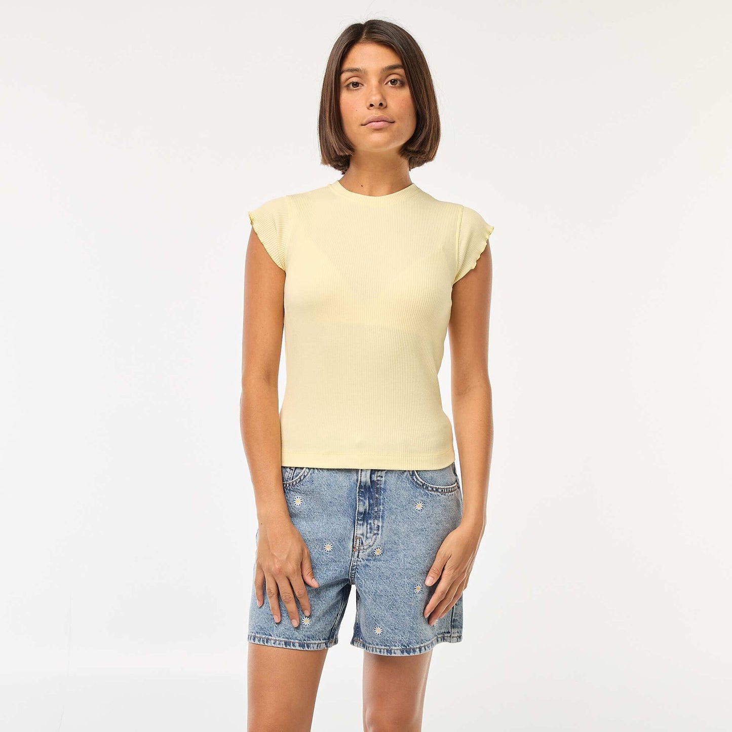 Ribbed T-shirt with flounced sleeves YELLOW