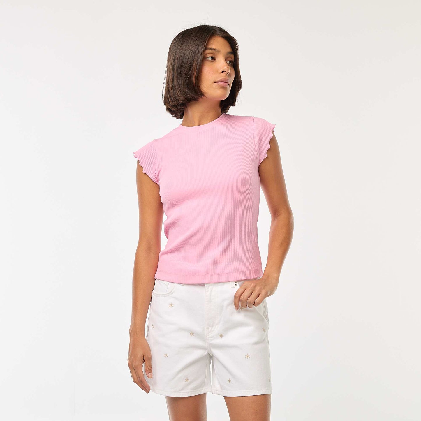 Ribbed T-shirt with flounced sleeves PINK