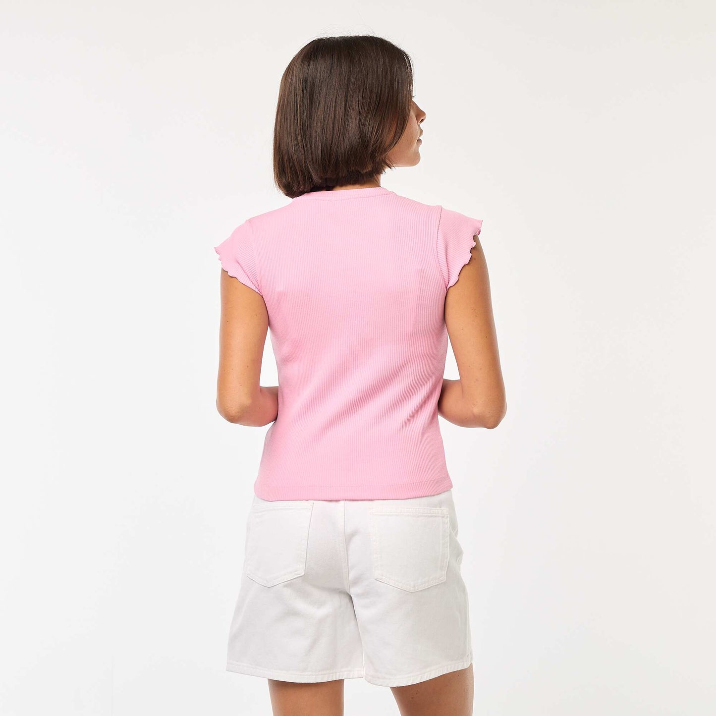 Ribbed T-shirt with flounced sleeves PINK