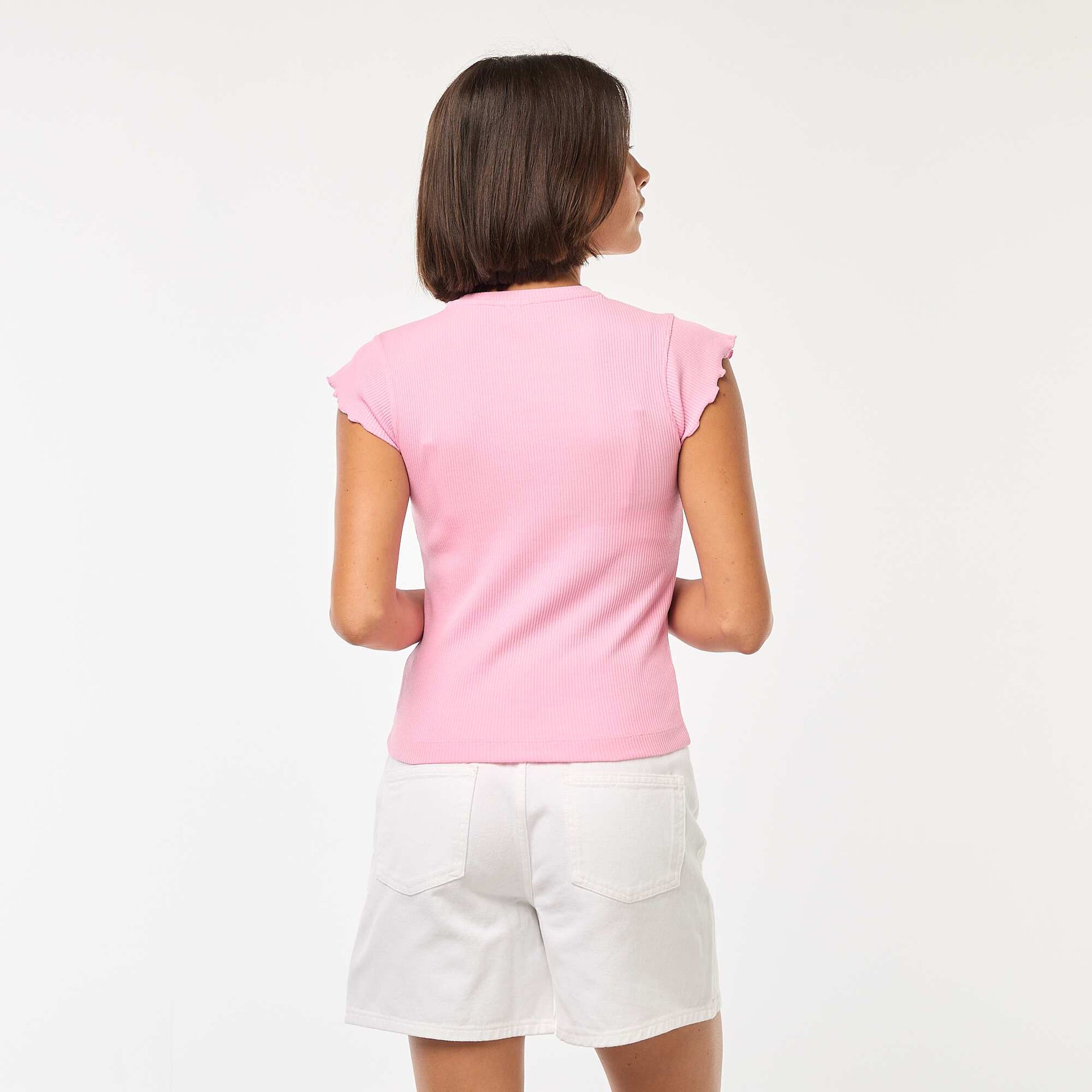 Ribbed T-shirt with flounced sleeves PINK