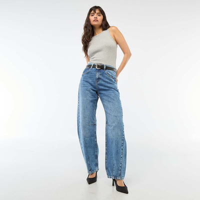 Cotton Denim Barrel Leg Trousers BLUE